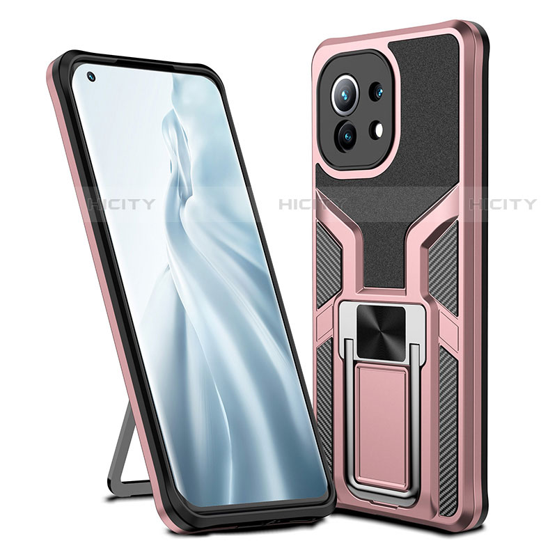 Funda Bumper Silicona y Plastico Mate Carcasa con Magnetico Anillo de dedo Soporte R04 para Xiaomi Mi 11 Lite 4G Oro Rosa