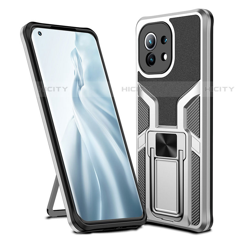 Funda Bumper Silicona y Plastico Mate Carcasa con Magnetico Anillo de dedo Soporte R04 para Xiaomi Mi 11 Lite 4G Plata