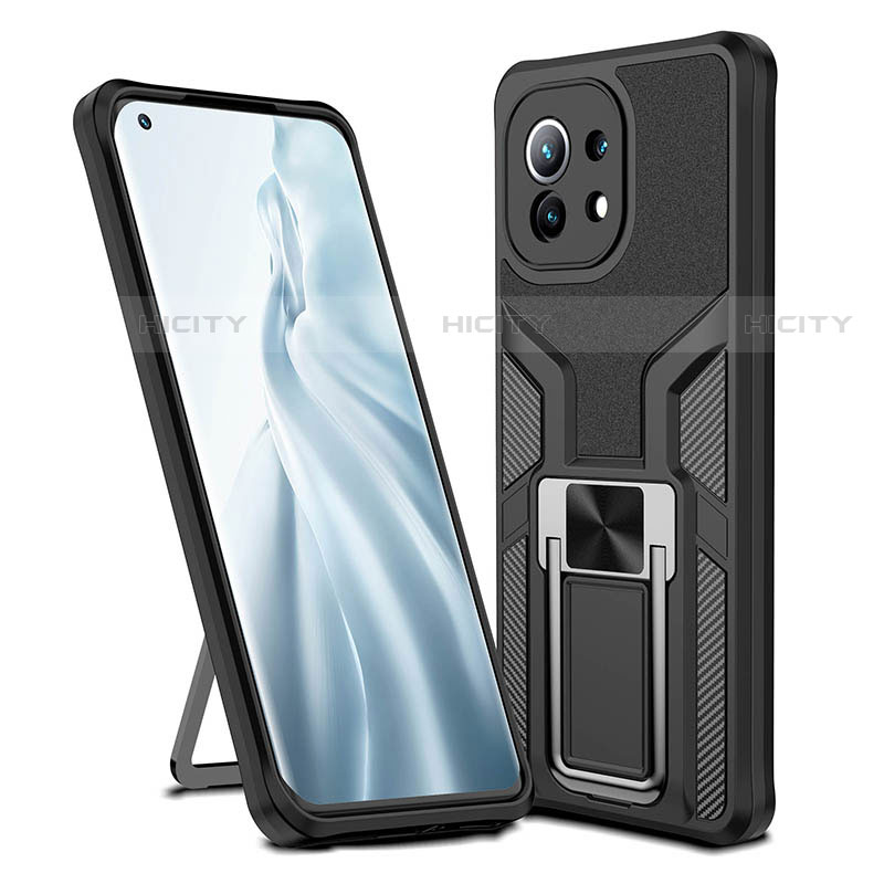 Funda Bumper Silicona y Plastico Mate Carcasa con Magnetico Anillo de dedo Soporte R04 para Xiaomi Mi 11 Lite 5G Negro