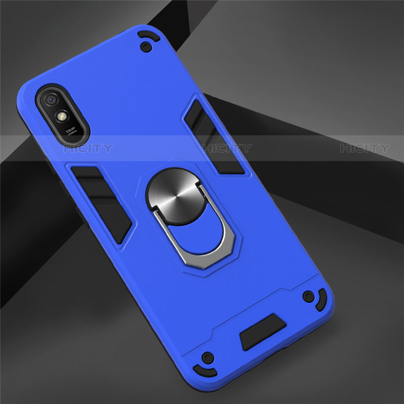 Funda Bumper Silicona y Plastico Mate Carcasa con Magnetico Anillo de dedo Soporte R04 para Xiaomi Redmi 9A Azul