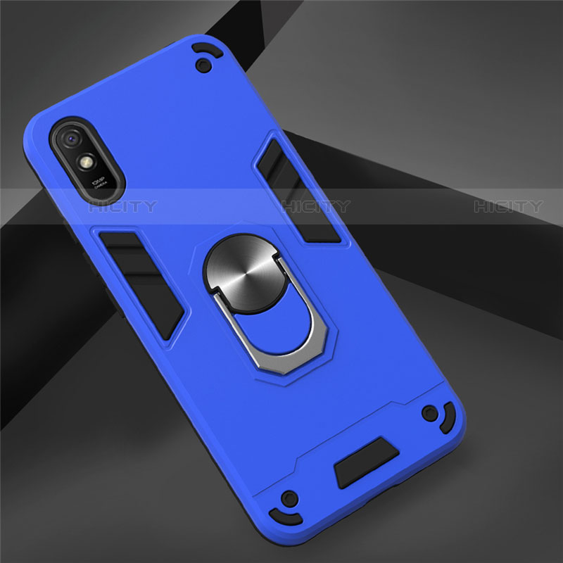 Funda Bumper Silicona y Plastico Mate Carcasa con Magnetico Anillo de dedo Soporte R04 para Xiaomi Redmi 9i Azul
