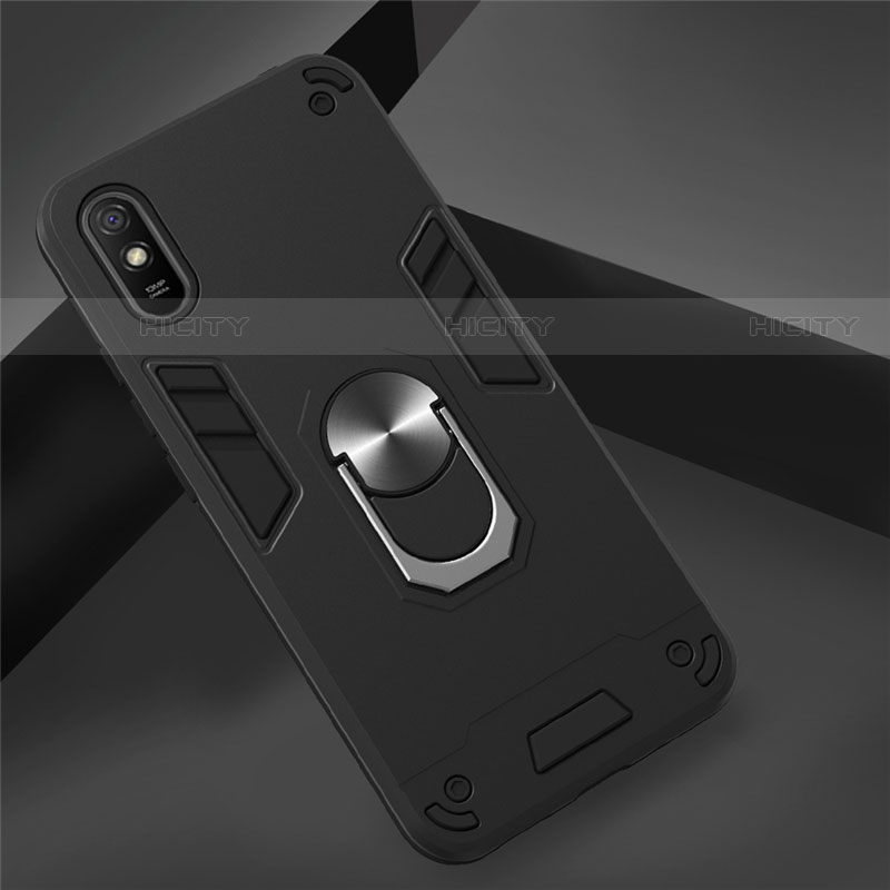 Funda Bumper Silicona y Plastico Mate Carcasa con Magnetico Anillo de dedo Soporte R04 para Xiaomi Redmi 9i Negro