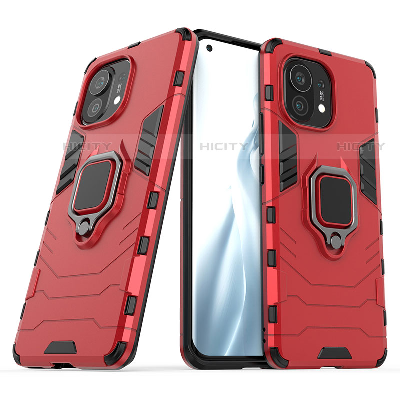 Funda Bumper Silicona y Plastico Mate Carcasa con Magnetico Anillo de dedo Soporte R05 para Xiaomi Mi 11 Lite 4G Rojo