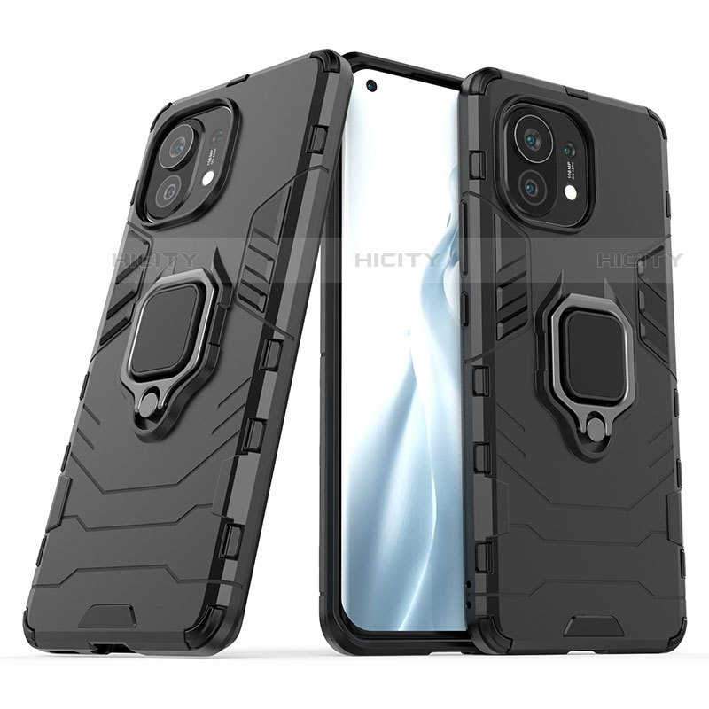 Funda Bumper Silicona y Plastico Mate Carcasa con Magnetico Anillo de dedo Soporte R05 para Xiaomi Mi 11 Lite 5G Negro