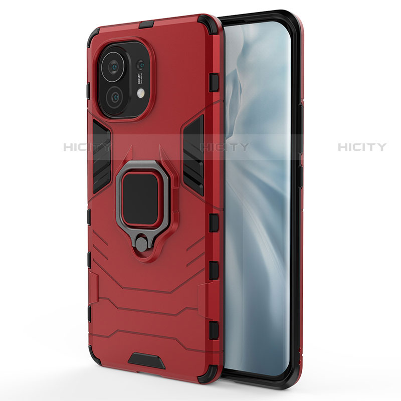 Funda Bumper Silicona y Plastico Mate Carcasa con Magnetico Anillo de dedo Soporte R06 para Xiaomi Mi 11 5G Rojo