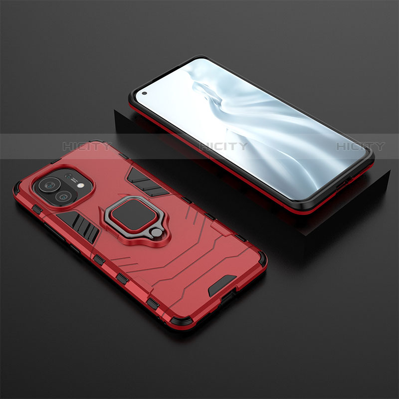 Funda Bumper Silicona y Plastico Mate Carcasa con Magnetico Anillo de dedo Soporte R07 para Xiaomi Mi 11 Lite 4G Rojo