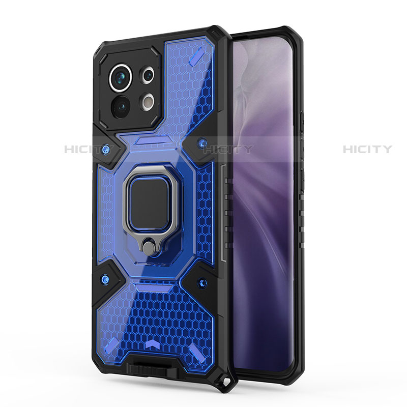 Funda Bumper Silicona y Plastico Mate Carcasa con Magnetico Anillo de dedo Soporte R08 para Xiaomi Mi 11 5G Azul