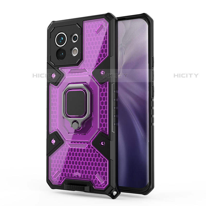 Funda Bumper Silicona y Plastico Mate Carcasa con Magnetico Anillo de dedo Soporte R08 para Xiaomi Mi 11 5G Morado