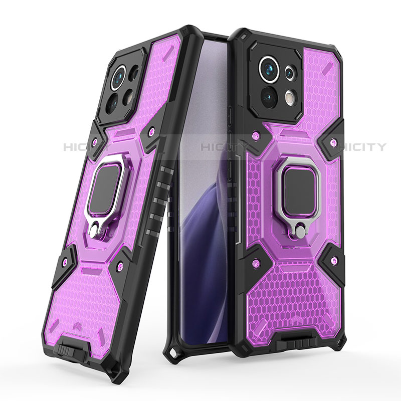 Funda Bumper Silicona y Plastico Mate Carcasa con Magnetico Anillo de dedo Soporte R09 para Xiaomi Mi 11 5G Morado