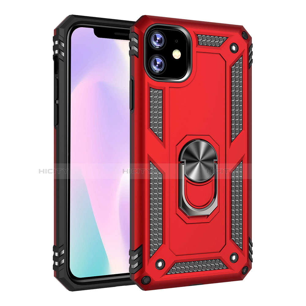 Funda Bumper Silicona y Plastico Mate Carcasa con Magnetico Anillo de dedo Soporte S01 para Apple iPhone 11 Rojo