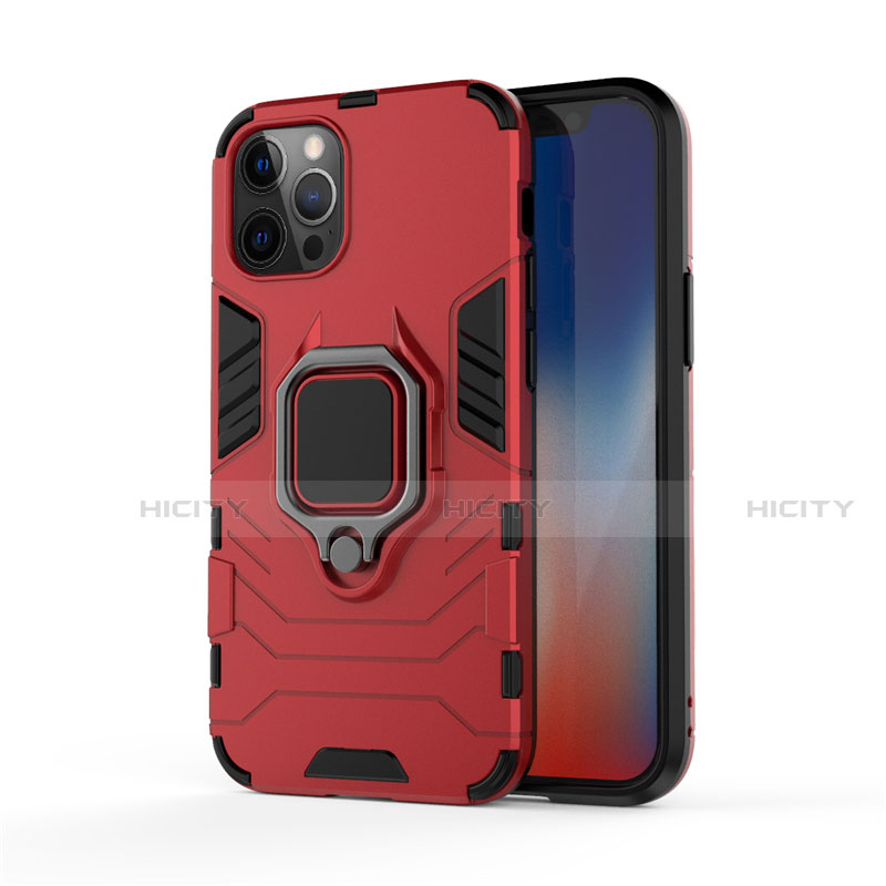 Funda Bumper Silicona y Plastico Mate Carcasa con Magnetico Anillo de dedo Soporte S01 para Apple iPhone 12 Pro Rojo