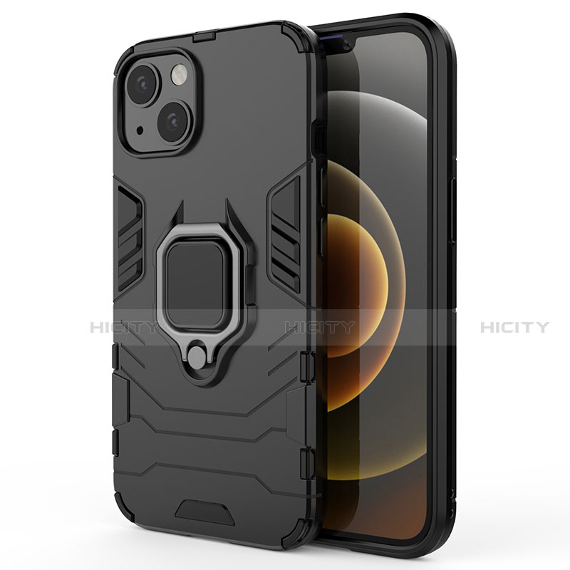 Funda Bumper Silicona y Plastico Mate Carcasa con Magnetico Anillo de dedo Soporte S01 para Apple iPhone 13 Negro