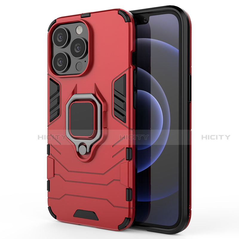 Funda Bumper Silicona y Plastico Mate Carcasa con Magnetico Anillo de dedo Soporte S01 para Apple iPhone 13 Pro Rojo