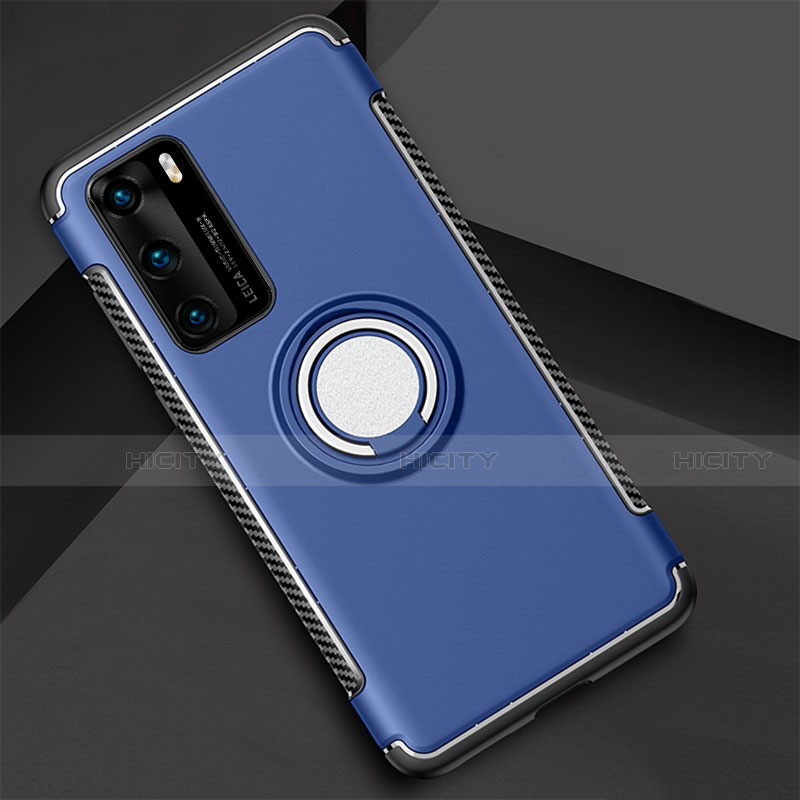 Funda Bumper Silicona y Plastico Mate Carcasa con Magnetico Anillo de dedo Soporte S01 para Huawei P40 Azul