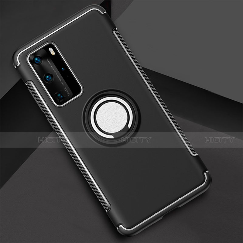 Funda Bumper Silicona y Plastico Mate Carcasa con Magnetico Anillo de dedo Soporte S01 para Huawei P40 Pro Negro