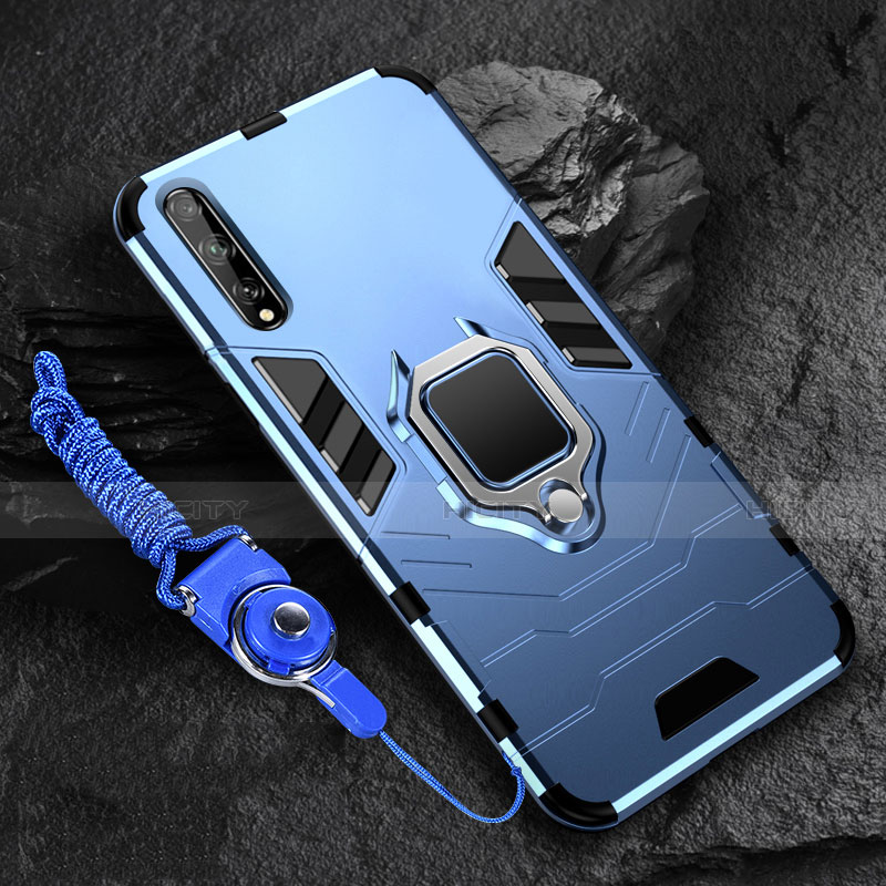 Funda Bumper Silicona y Plastico Mate Carcasa con Magnetico Anillo de dedo Soporte S01 para Huawei Y8p Azul