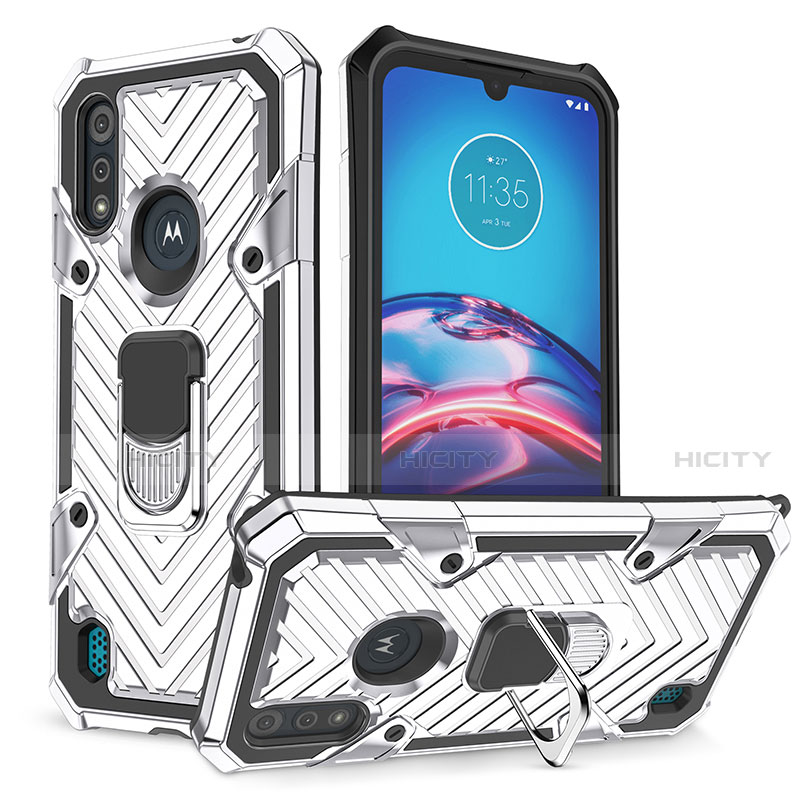 Funda Bumper Silicona y Plastico Mate Carcasa con Magnetico Anillo de dedo Soporte S01 para Motorola Moto E6s (2020) Plata