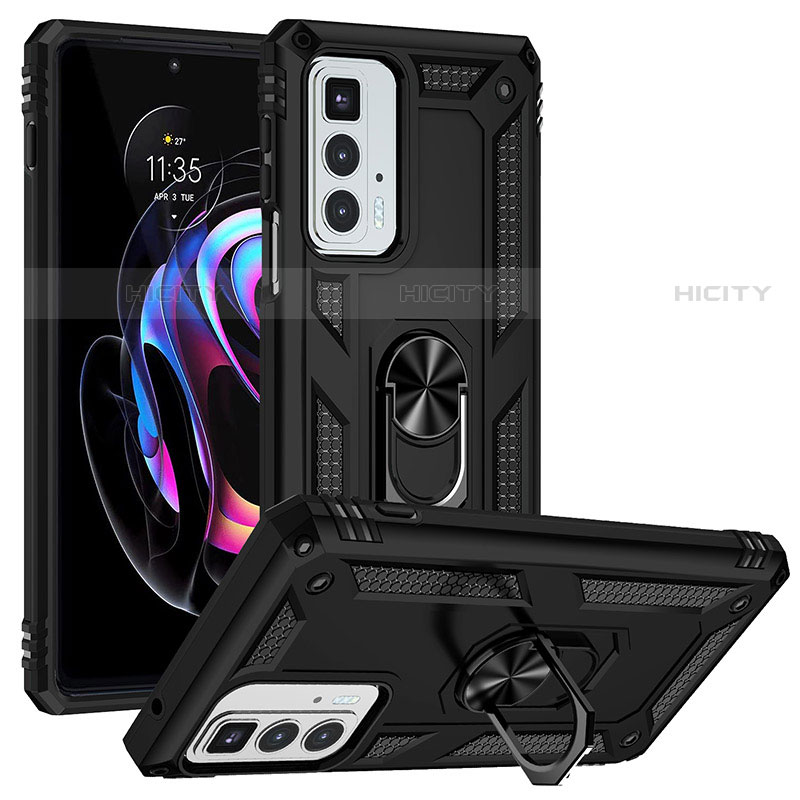 Funda Bumper Silicona y Plastico Mate Carcasa con Magnetico Anillo de dedo Soporte S01 para Motorola Moto Edge 20 Pro 5G Negro