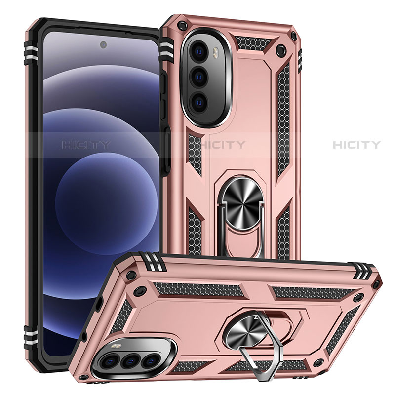 Funda Bumper Silicona y Plastico Mate Carcasa con Magnetico Anillo de dedo Soporte S01 para Motorola Moto Edge (2022) 5G Oro Rosa