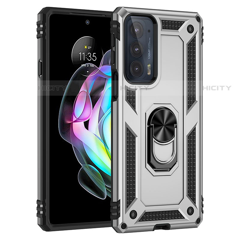 Funda Bumper Silicona y Plastico Mate Carcasa con Magnetico Anillo de dedo Soporte S01 para Motorola Moto Edge Lite 5G Plata