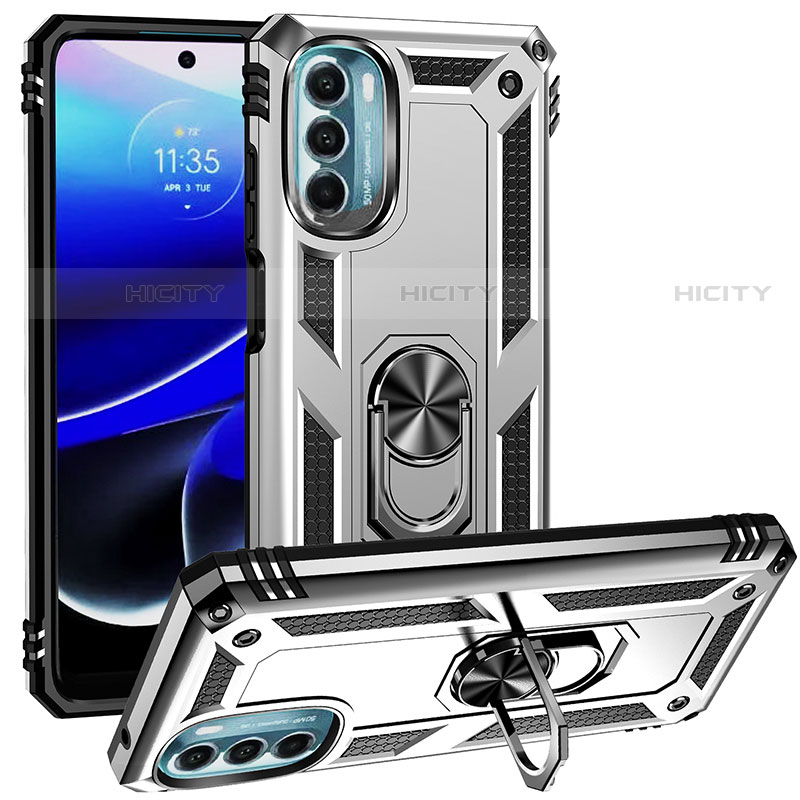 Funda Bumper Silicona y Plastico Mate Carcasa con Magnetico Anillo de dedo Soporte S01 para Motorola Moto G 5G (2022) Plata