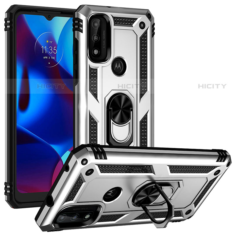 Funda Bumper Silicona y Plastico Mate Carcasa con Magnetico Anillo de dedo Soporte S01 para Motorola Moto G Pure Plata