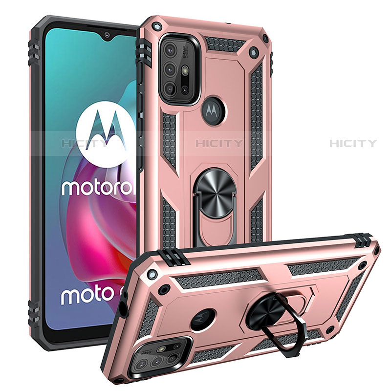 Funda Bumper Silicona y Plastico Mate Carcasa con Magnetico Anillo de dedo Soporte S01 para Motorola Moto G20 Oro Rosa