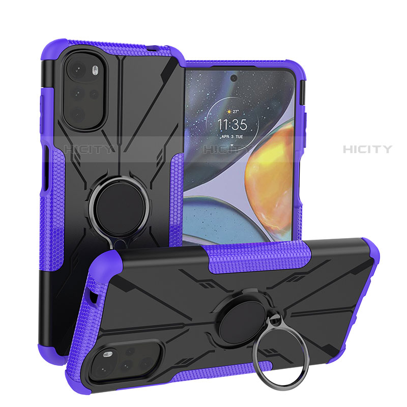 Funda Bumper Silicona y Plastico Mate Carcasa con Magnetico Anillo de dedo Soporte S01 para Motorola Moto G22 Morado