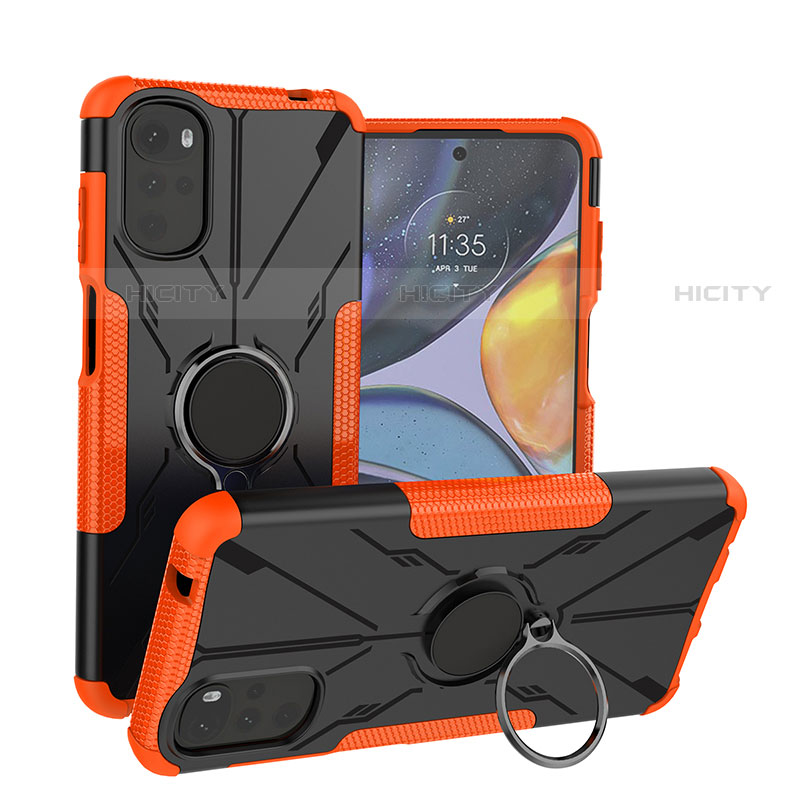 Funda Bumper Silicona y Plastico Mate Carcasa con Magnetico Anillo de dedo Soporte S01 para Motorola Moto G22 Naranja