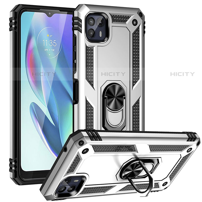 Funda Bumper Silicona y Plastico Mate Carcasa con Magnetico Anillo de dedo Soporte S01 para Motorola Moto G50 5G Plata