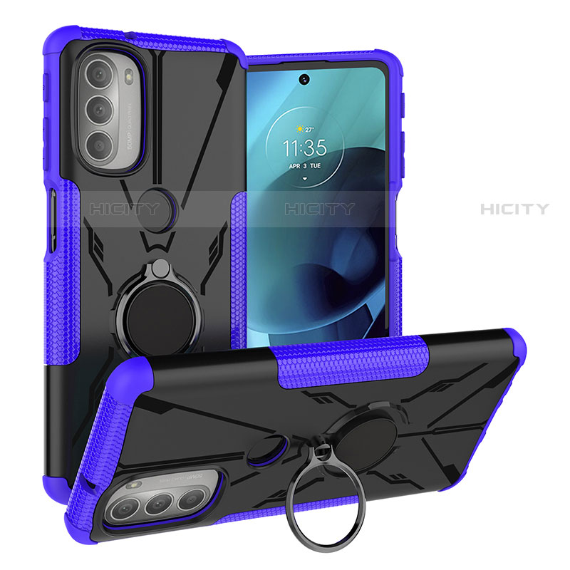 Funda Bumper Silicona y Plastico Mate Carcasa con Magnetico Anillo de dedo Soporte S01 para Motorola Moto G51 5G Morado