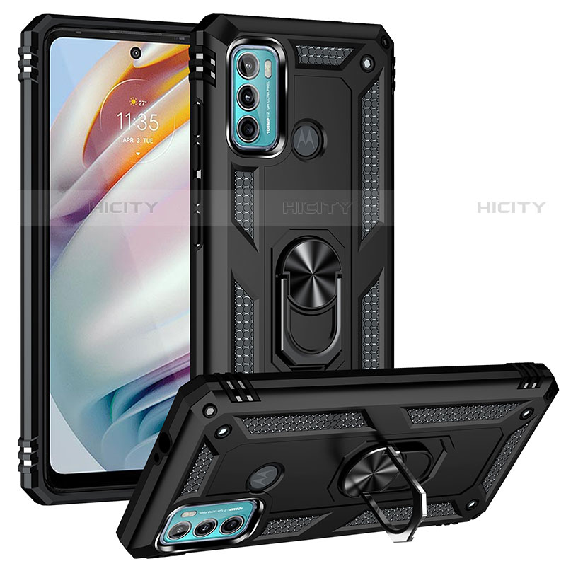 Funda Bumper Silicona y Plastico Mate Carcasa con Magnetico Anillo de dedo Soporte S01 para Motorola Moto G60 Negro