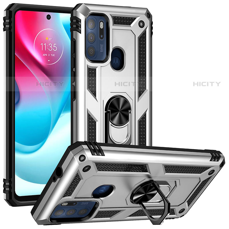 Funda Bumper Silicona y Plastico Mate Carcasa con Magnetico Anillo de dedo Soporte S01 para Motorola Moto G60s Plata