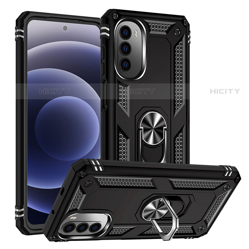 Funda Bumper Silicona y Plastico Mate Carcasa con Magnetico Anillo de dedo Soporte S01 para Motorola Moto G71s 5G Negro