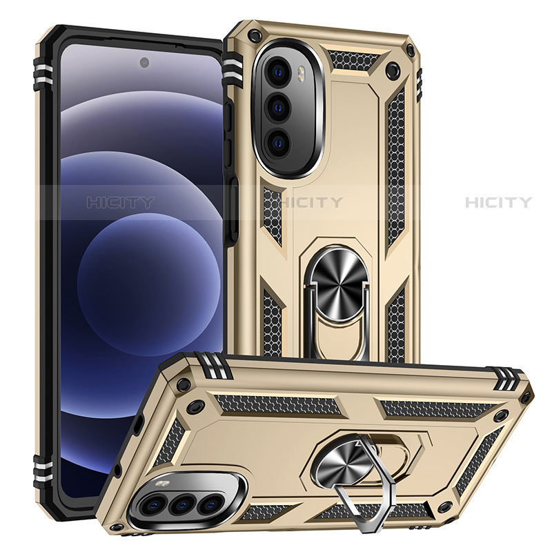 Funda Bumper Silicona y Plastico Mate Carcasa con Magnetico Anillo de dedo Soporte S01 para Motorola Moto G82 5G Oro