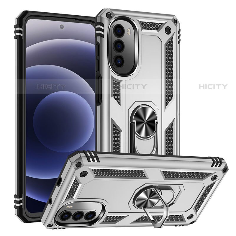 Funda Bumper Silicona y Plastico Mate Carcasa con Magnetico Anillo de dedo Soporte S01 para Motorola Moto G82 5G Plata