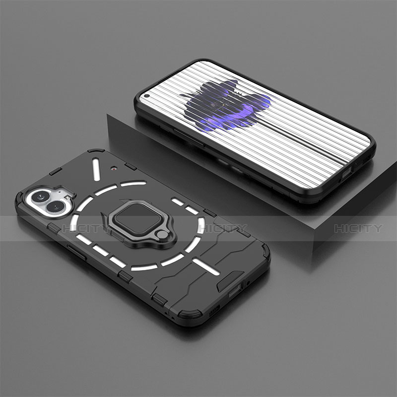 Funda Bumper Silicona y Plastico Mate Carcasa con Magnetico Anillo de dedo Soporte S01 para Nothing Phone 1 Negro