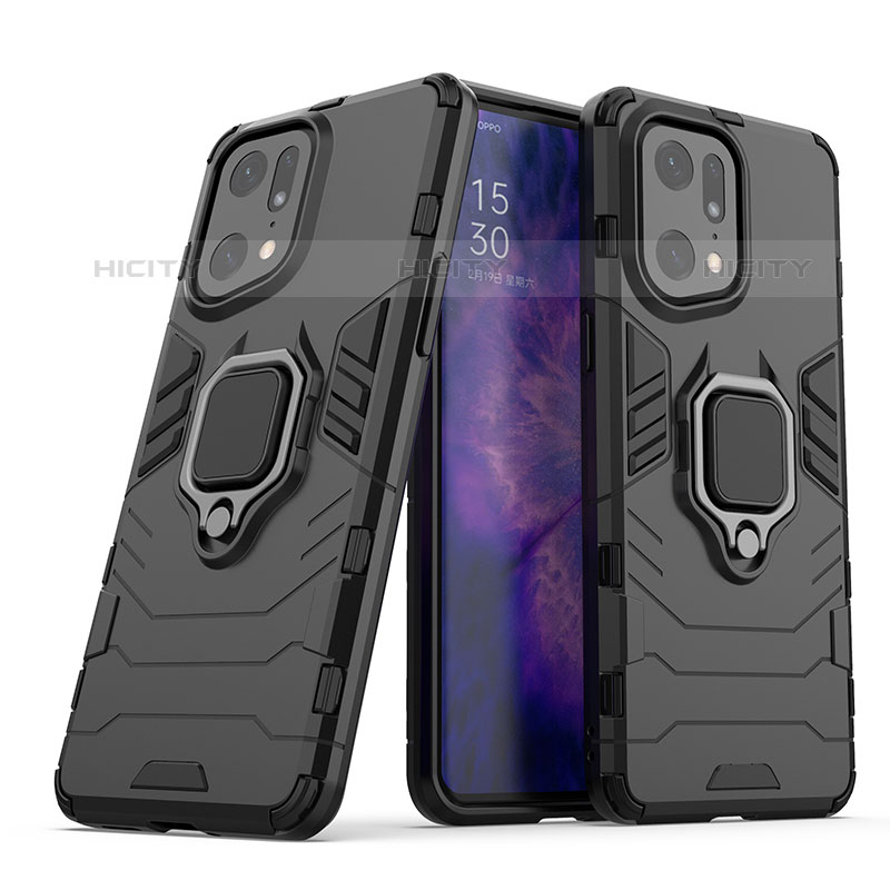 Funda Bumper Silicona y Plastico Mate Carcasa con Magnetico Anillo de dedo Soporte S01 para Oppo Find X5 Pro 5G Negro