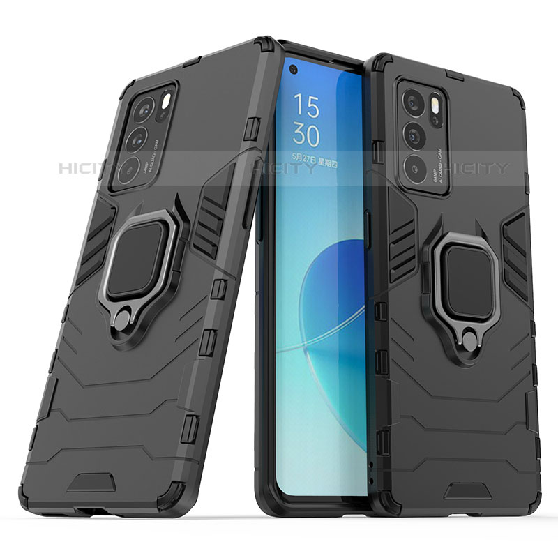 Funda Bumper Silicona y Plastico Mate Carcasa con Magnetico Anillo de dedo Soporte S01 para Oppo Reno6 Pro 5G India