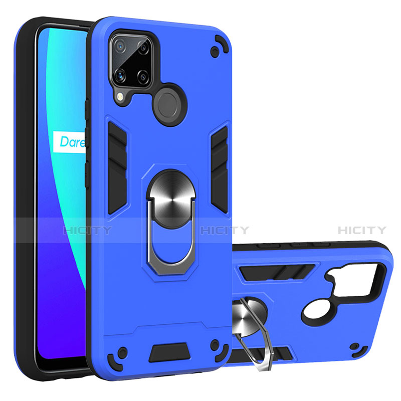 Funda Bumper Silicona y Plastico Mate Carcasa con Magnetico Anillo de dedo Soporte S01 para Realme C15 Azul