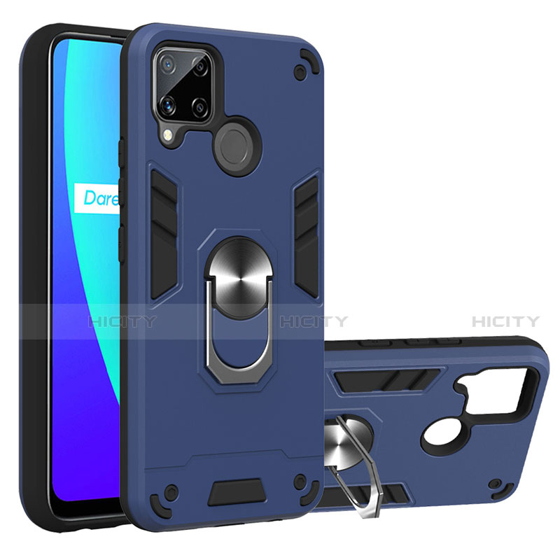 Funda Bumper Silicona y Plastico Mate Carcasa con Magnetico Anillo de dedo Soporte S01 para Realme C15 Azul Real