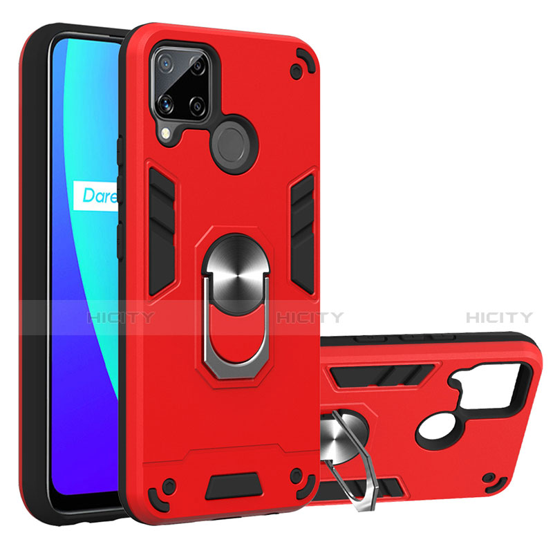 Funda Bumper Silicona y Plastico Mate Carcasa con Magnetico Anillo de dedo Soporte S01 para Realme C15 Rojo