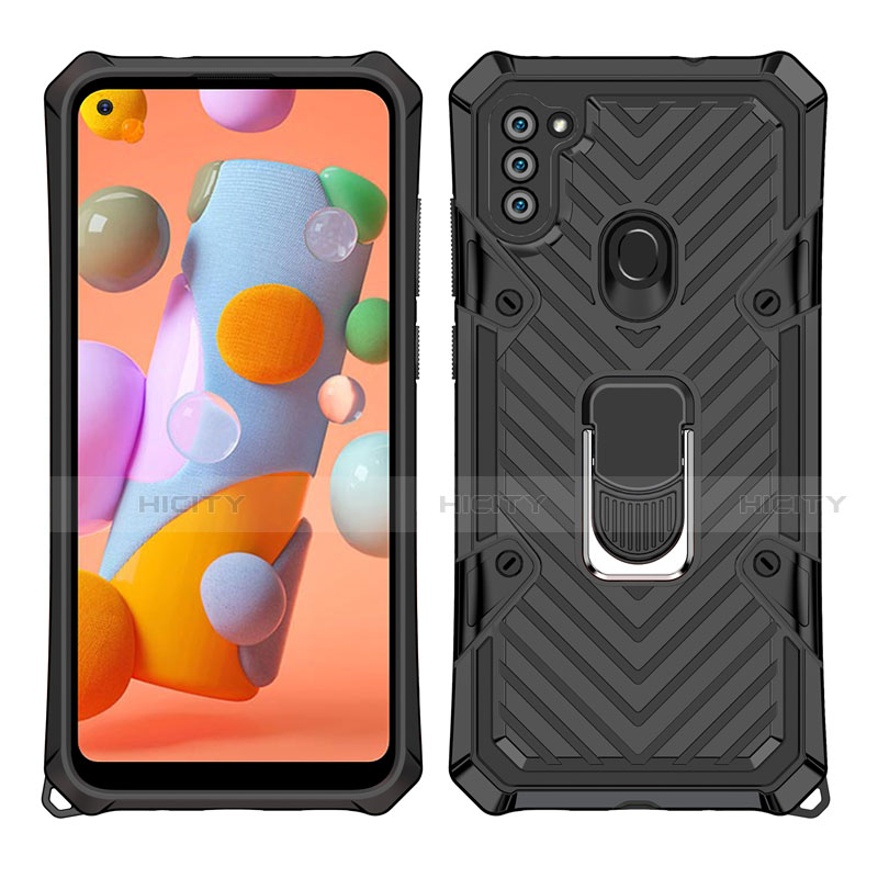 Funda Bumper Silicona y Plastico Mate Carcasa con Magnetico Anillo de dedo Soporte S01 para Samsung Galaxy A11 Negro