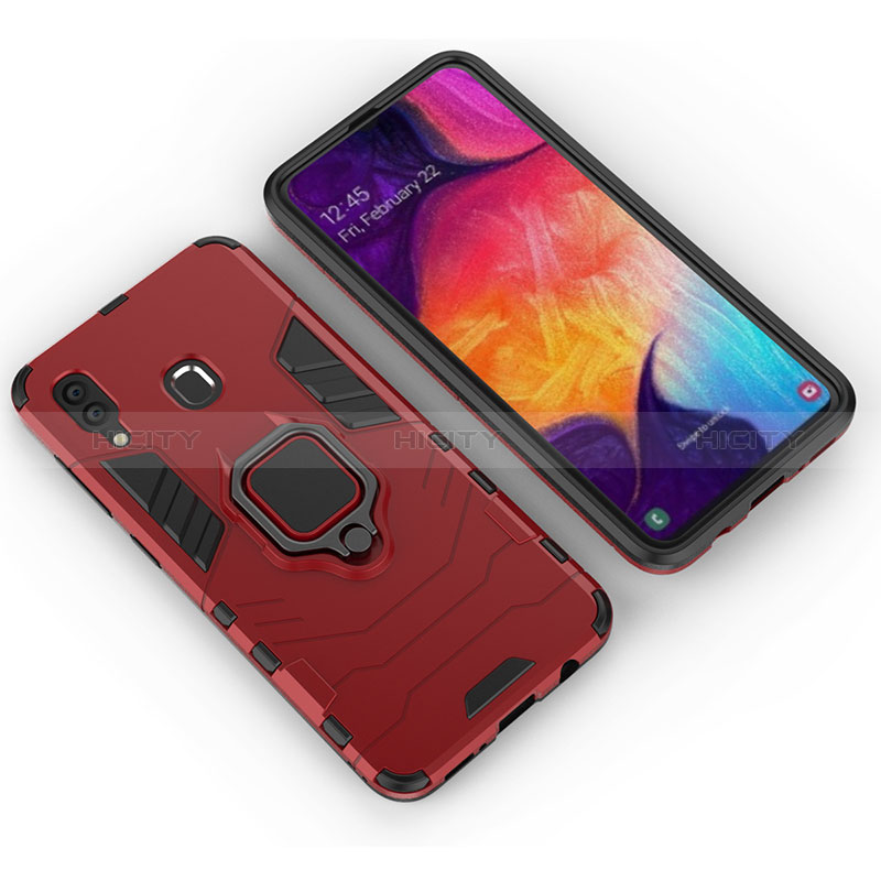 Funda Bumper Silicona y Plastico Mate Carcasa con Magnetico Anillo de dedo Soporte S01 para Samsung Galaxy A20 Rojo