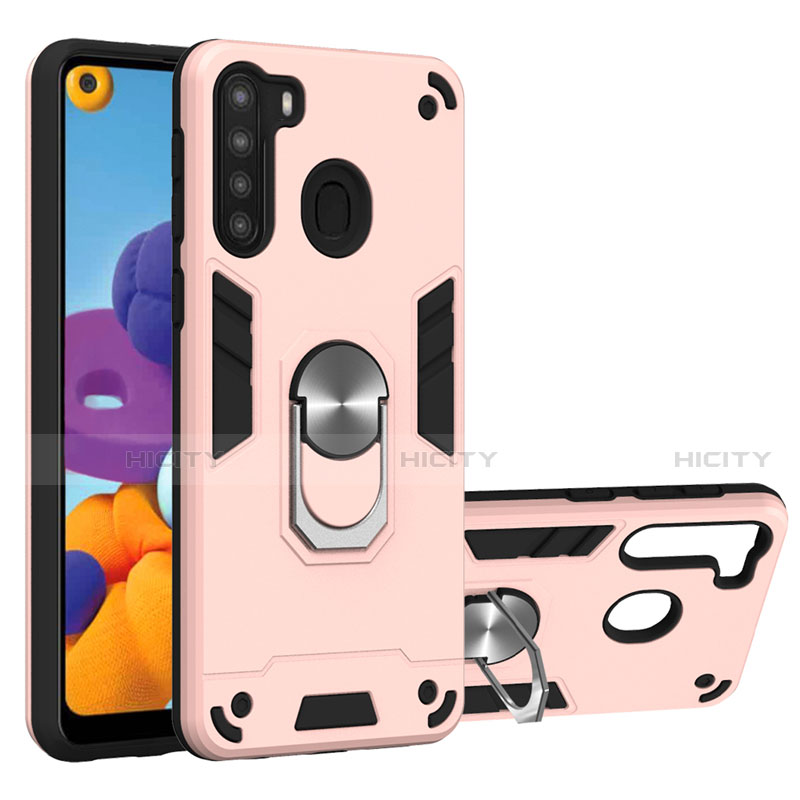 Funda Bumper Silicona y Plastico Mate Carcasa con Magnetico Anillo de dedo Soporte S01 para Samsung Galaxy A21