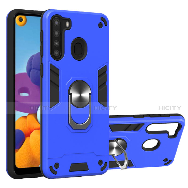 Funda Bumper Silicona y Plastico Mate Carcasa con Magnetico Anillo de dedo Soporte S01 para Samsung Galaxy A21