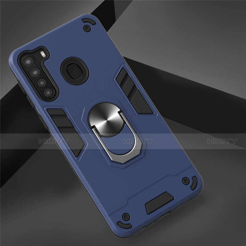 Funda Bumper Silicona y Plastico Mate Carcasa con Magnetico Anillo de dedo Soporte S01 para Samsung Galaxy A21 Azul Real