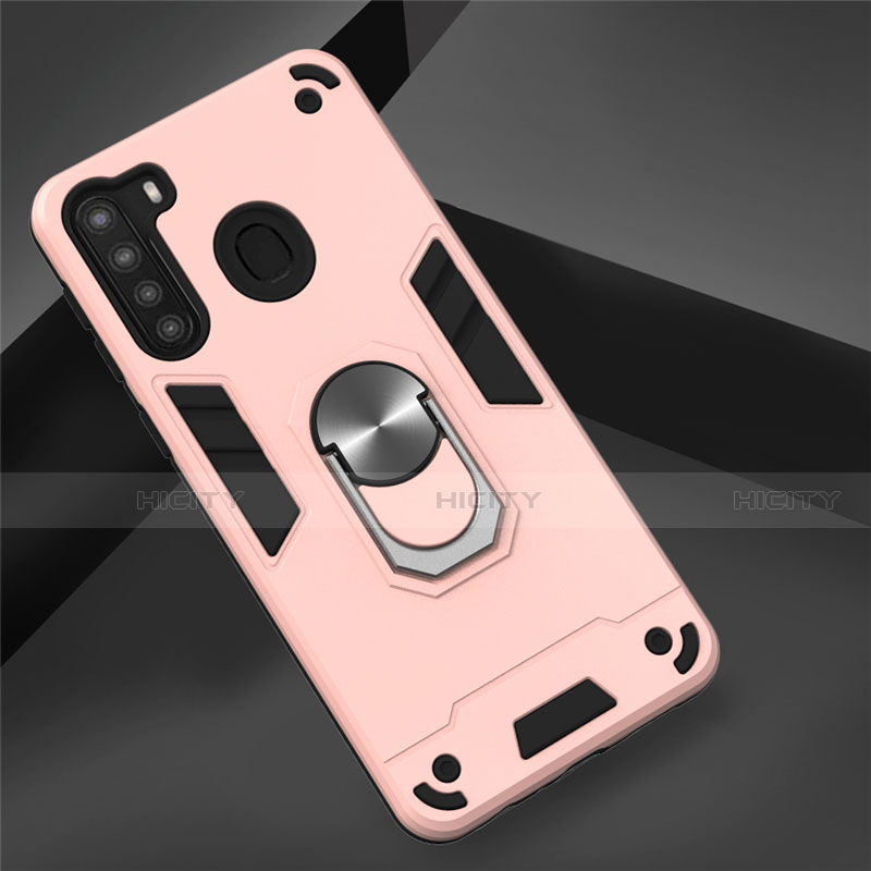 Funda Bumper Silicona y Plastico Mate Carcasa con Magnetico Anillo de dedo Soporte S01 para Samsung Galaxy A21 Oro Rosa