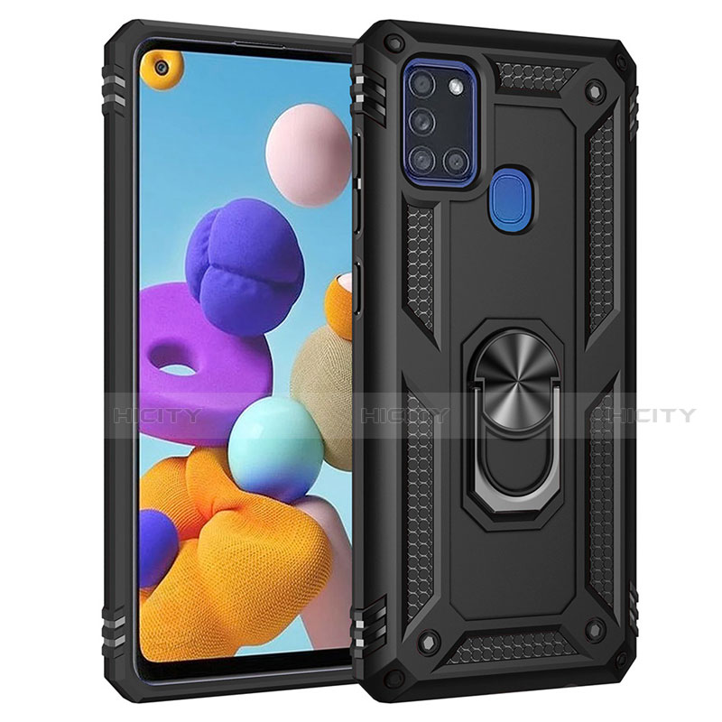 Funda Bumper Silicona y Plastico Mate Carcasa con Magnetico Anillo de dedo Soporte S01 para Samsung Galaxy A21s Negro