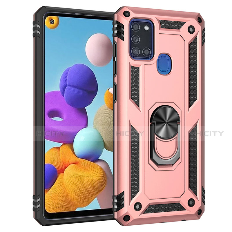 Funda Bumper Silicona y Plastico Mate Carcasa con Magnetico Anillo de dedo Soporte S01 para Samsung Galaxy A21s Oro Rosa